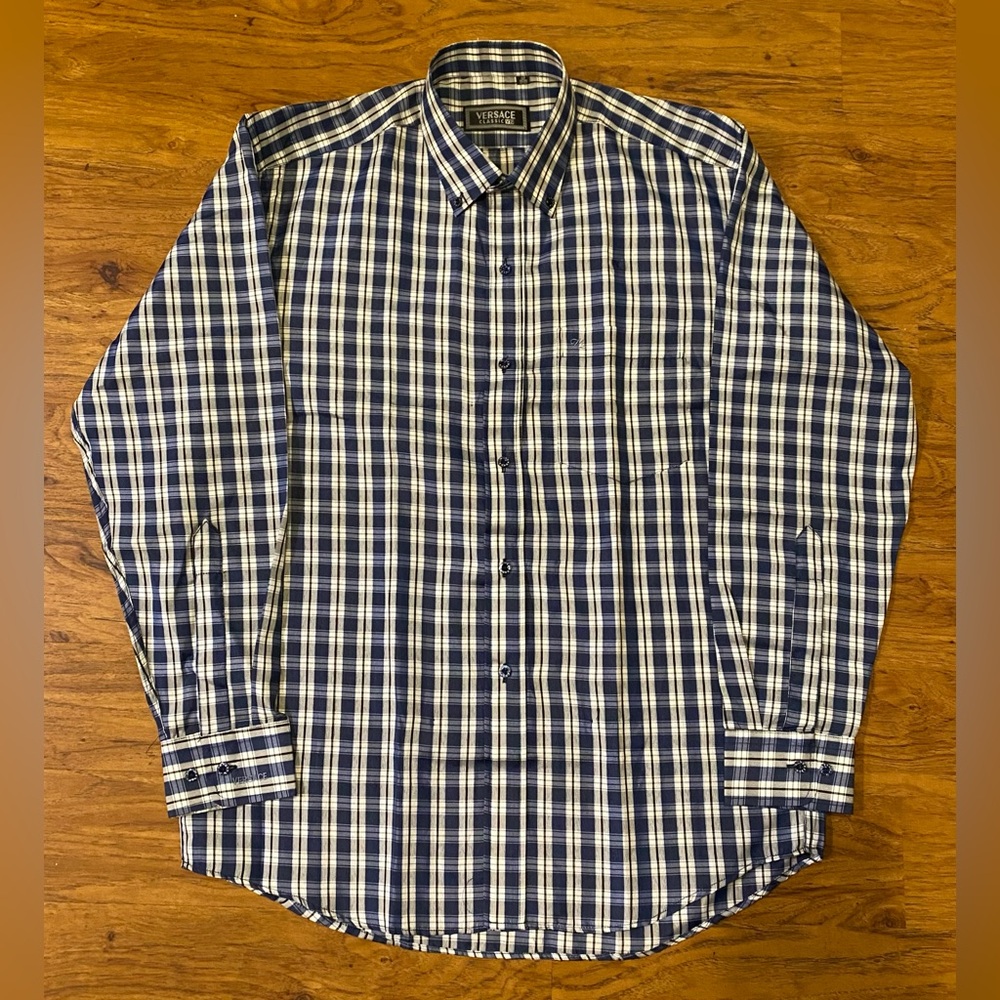 Versace Blue and White Plaid Casual Button-Down Shirt